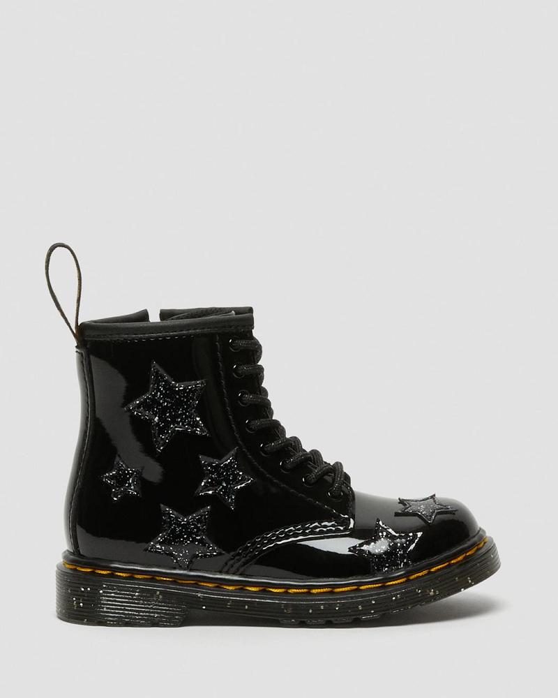 Kids' Dr Martens Toddler 1460 Glitter Star Patent Lace Up Boots Black | AU 694XYU